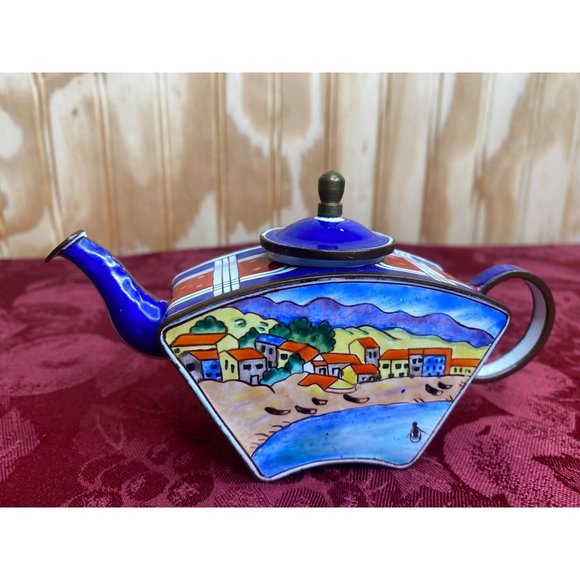 Vintage Kelvin Chen Miniature Teapot Beach Coastline Scene Blue Red Plaid Accent - Picture 3 of 7